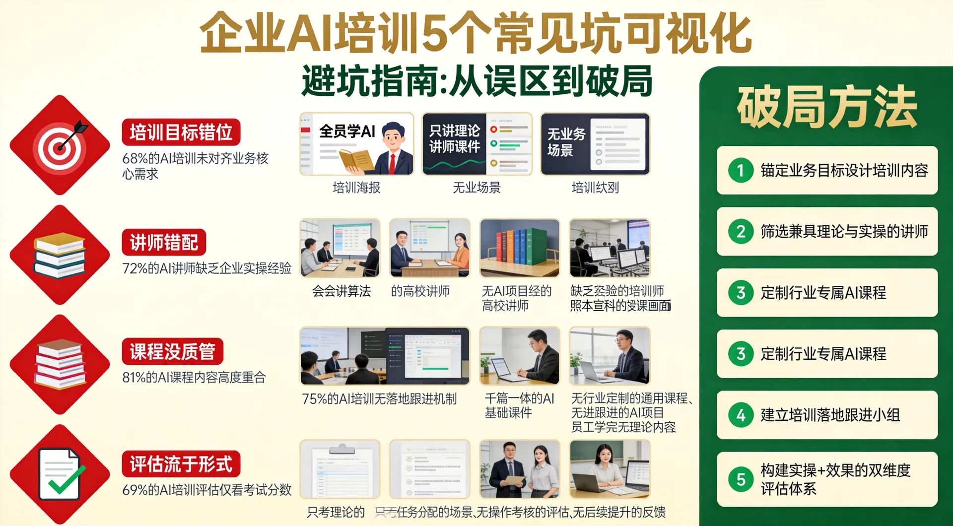 企业AI培训5个常见坑可视化（培训目标错位/讲师错配/课程同质化/落地没人管/评估流于形式）